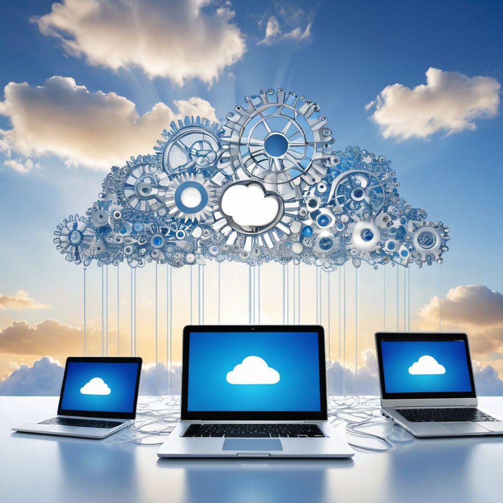 A serene digital landscape showcasing a cloud symbol made of interconnected gears and locks, representing secure file storage. Below, various devices like laptops and smartphones are depicted sharing data seamlessly, highlighting collaboration. The background features a blue sky filled with fluffy clouds, complemented by a sunbeam shining down. There are white data streams flowing between the devices, symbolizing secure sharing. super-realistic. vibrant colors. white background.