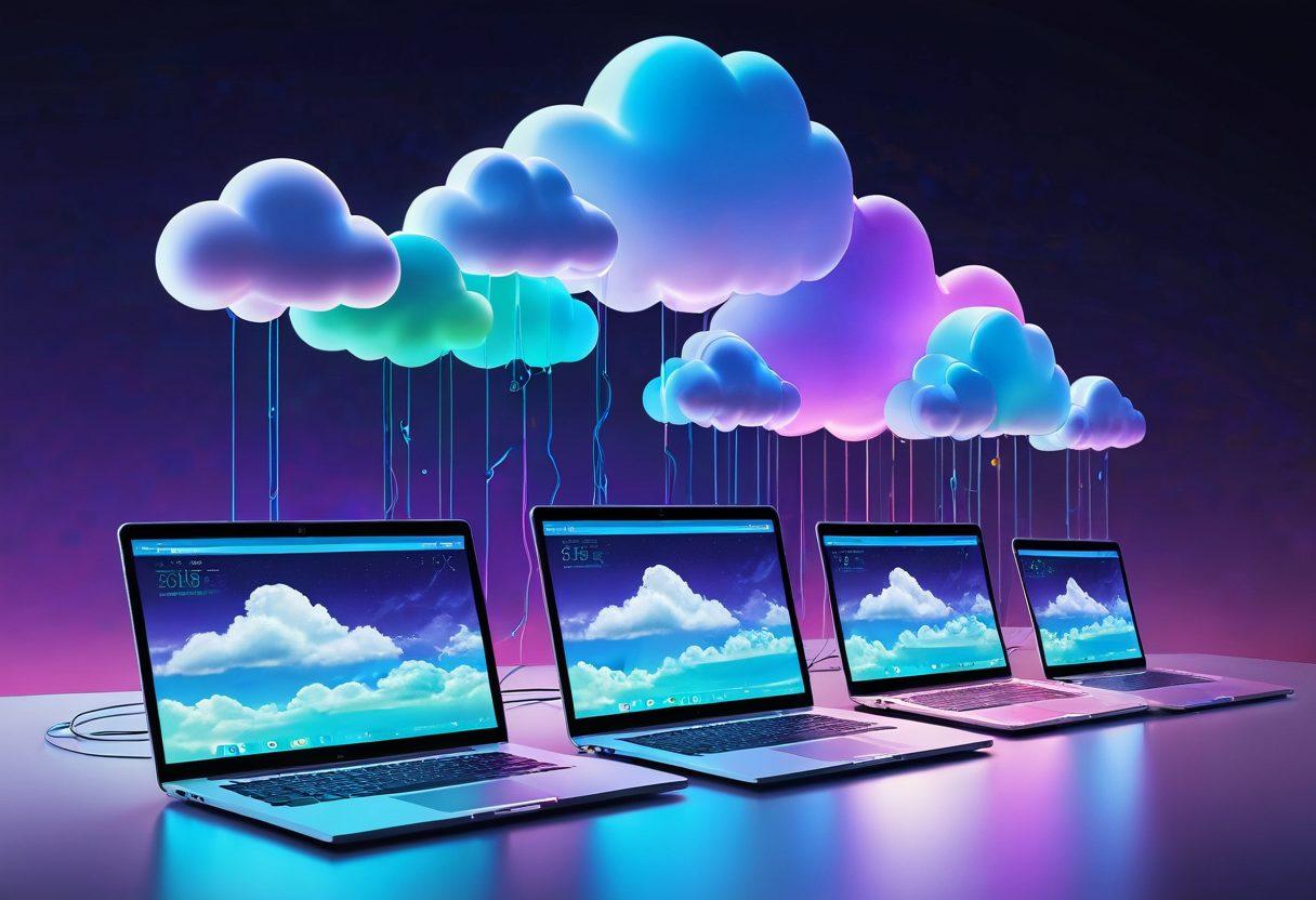 A futuristic cloud network filled with vibrant data streams and digital locks symbolizing data safety. Surrounding the clouds, various devices like laptops, tablets, and smartphones demonstrate seamless accessibility. The background features a serene blue sky with hints of technology. Visually represent users confidently accessing their data. 3D rendering. vibrant colors.
