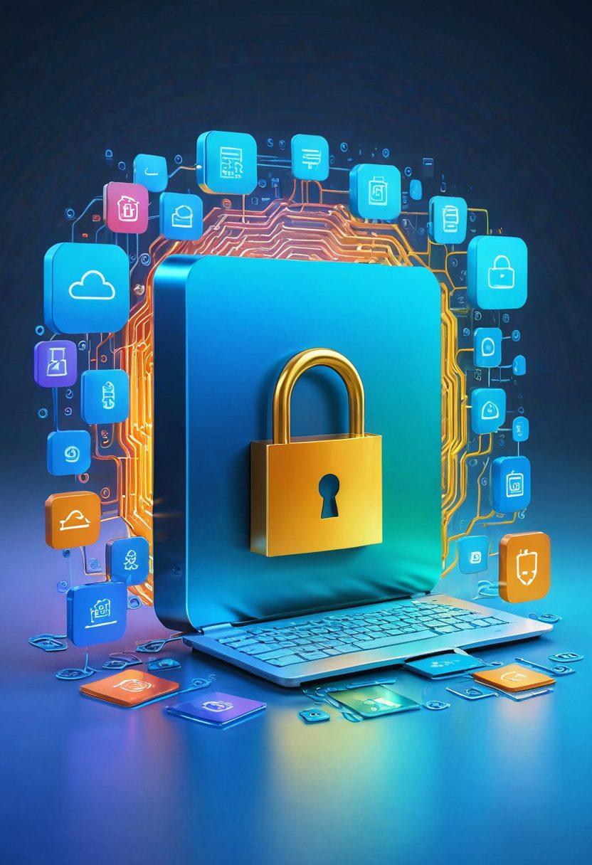 An artistic depiction of a modern toolkit filled with digital icons representing file storage and management: a lock, a cloud, a safety shield, and folders, all surrounded by a glowing aura of security. Include a gentle gradient background that conveys trust and professionalism, with elements of technology subtly integrated. 3D. vibrant colors.